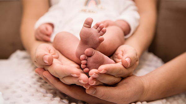  Close-up of a baby’s feet gently cradled in adult hands.